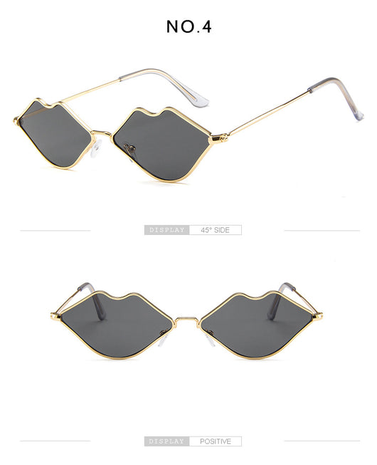 Retro red lips sunglasses with gold metal frames and brown gradient lenses on a white background. - Image 21