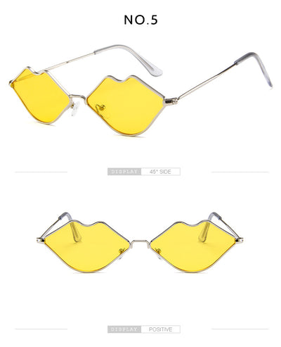 Retro red lips sunglasses with gold metal frames and brown gradient lenses on a white background. - Image 22