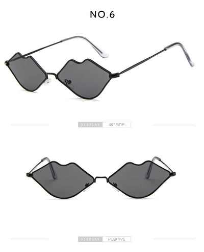 Retro red lips sunglasses with gold metal frames and brown gradient lenses on a white background. - Image 23