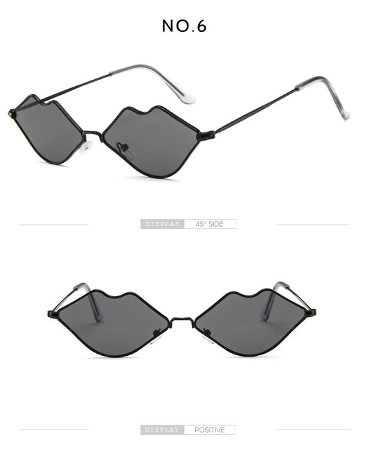 Retro red lips sunglasses with gold metal frames and brown gradient lenses on a white background. - Image 23