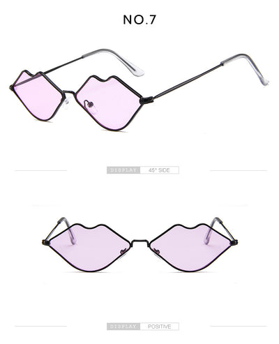 Retro red lips sunglasses with gold metal frames and brown gradient lenses on a white background. - Image 24