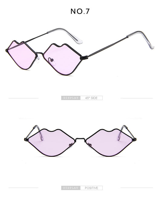 Retro red lips sunglasses with gold metal frames and brown gradient lenses on a white background. - Image 24