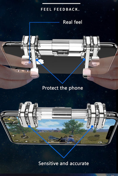 Transparent six-finger telescopic gaming trigger attached to a smartphone displaying a battle royale game. - Image 7