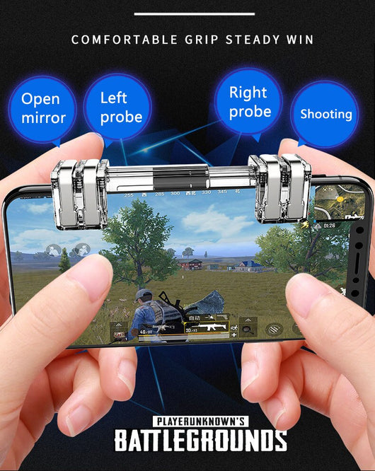 Transparent six-finger telescopic gaming trigger attached to a smartphone displaying a battle royale game. - Image 8