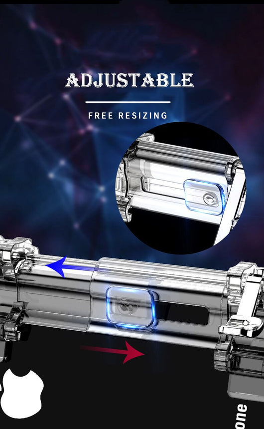 Transparent six-finger telescopic gaming trigger attached to a smartphone displaying a battle royale game. - Image 9
