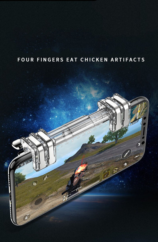 Transparent six-finger telescopic gaming trigger attached to a smartphone displaying a battle royale game. - Image 11