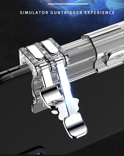 Transparent six-finger telescopic gaming trigger attached to a smartphone displaying a battle royale game. - Image 12
