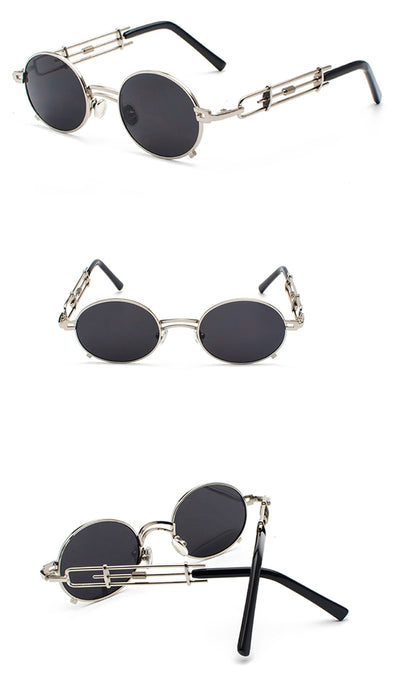 Black individual steampunk sunglasses with round clear lenses and unique metal frames on a white background. - Image 3