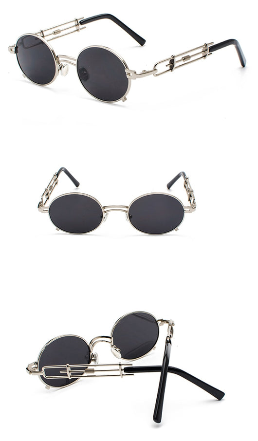 Black individual steampunk sunglasses with round clear lenses and unique metal frames on a white background. - Image 3