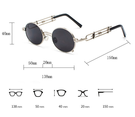 Black individual steampunk sunglasses with round clear lenses and unique metal frames on a white background. - Image 5