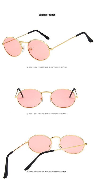 Retro round sunglasses with pink lenses and a gold-colored metal frame, featuring black ear tips. - Image 19