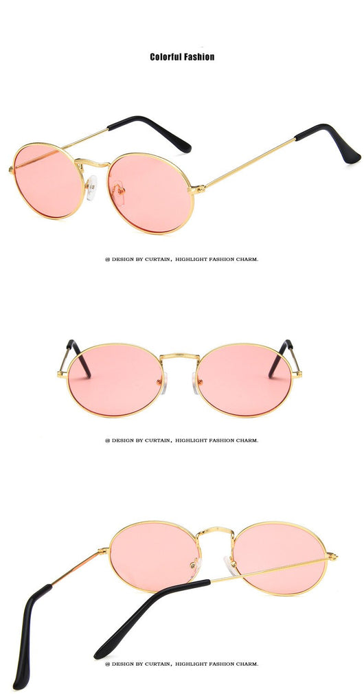 Retro round sunglasses with pink lenses and a gold-colored metal frame, featuring black ear tips. - Image 19