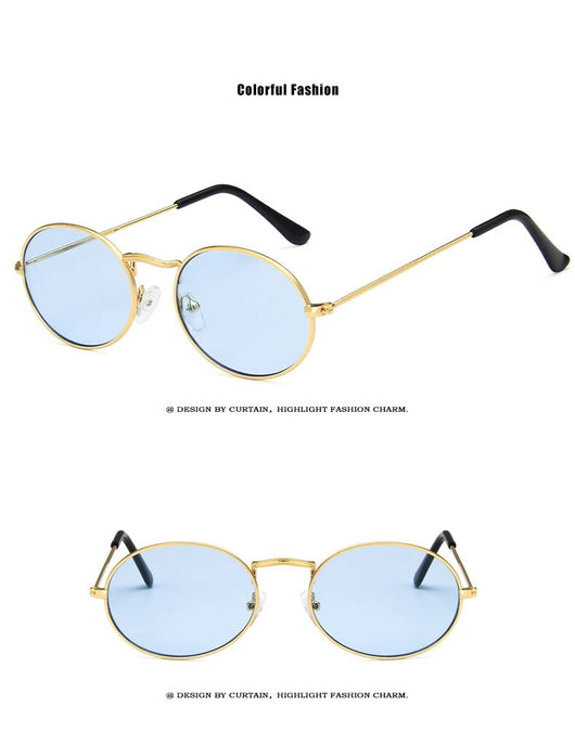 Retro round sunglasses with pink lenses and a gold-colored metal frame, featuring black ear tips. - Image 20