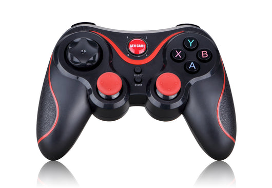 Black wireless Bluetooth gamepad with red accents, featuring a D-pad, analog sticks, and face buttons, shown with a detachable black smartphone clip. - Image 10
