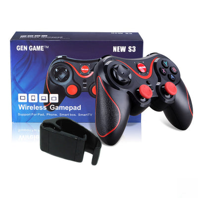 Black wireless Bluetooth gamepad with red accents, featuring a D-pad, analog sticks, and face buttons, shown with a detachable black smartphone clip. - Image 15