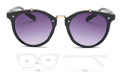 Black round sunglasses with silver mirrored lenses and gold-tone bridge and accents on a white background. - Image 14