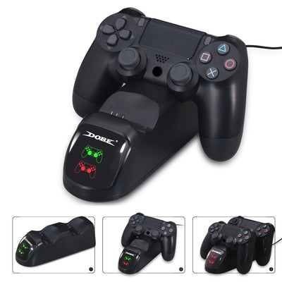 Black dual charging dock for PS4 wireless controllers with green LED indicators, shown with its retail box and USB cable. - Image 7