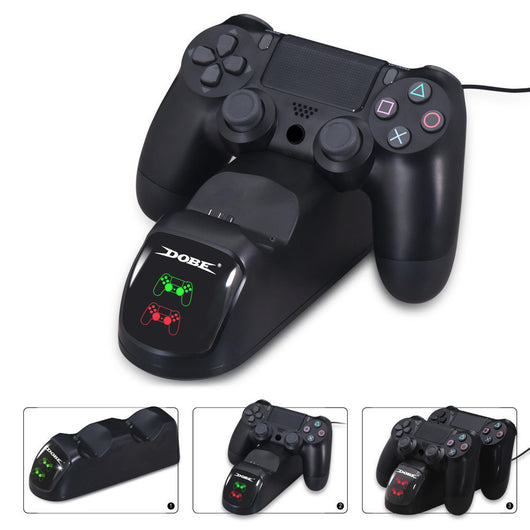 Black dual charging dock for PS4 wireless controllers with green LED indicators, shown with its retail box and USB cable. - Image 7