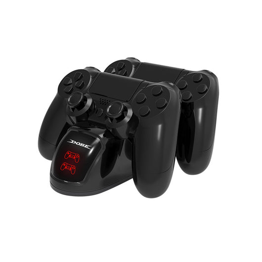 Black dual charging dock for PS4 wireless controllers with green LED indicators, shown with its retail box and USB cable. - Image 10