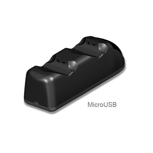 Black dual charging dock for PS4 wireless controllers with green LED indicators, shown with its retail box and USB cable. - Image 11