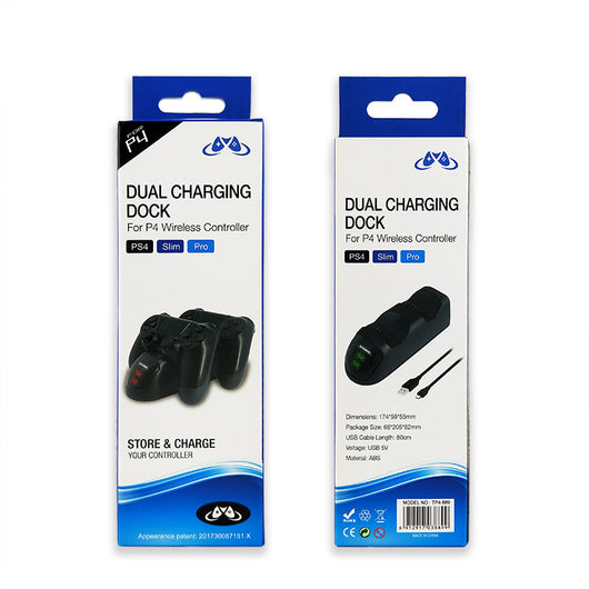 Black dual charging dock for PS4 wireless controllers with green LED indicators, shown with its retail box and USB cable. - Image 13