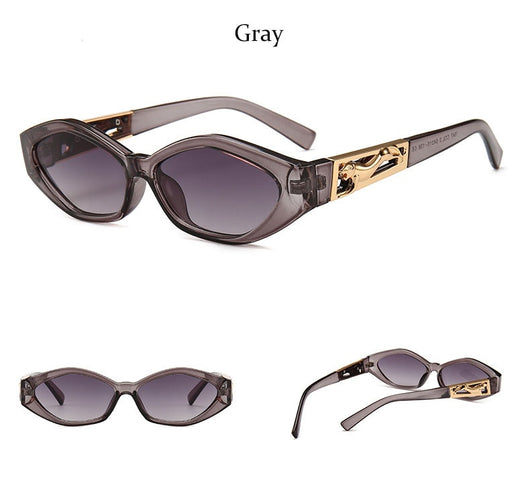 Angular cat-eye sunglasses with a tortoiseshell frame, brown gradient lenses, and gold jumping cheetah temple details. - Image 28