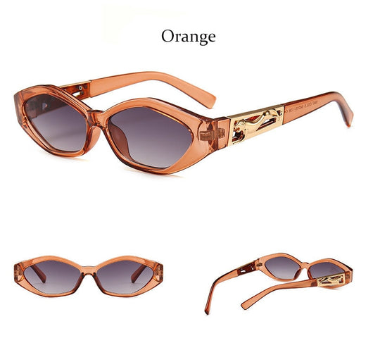 Angular cat-eye sunglasses with a tortoiseshell frame, brown gradient lenses, and gold jumping cheetah temple details. - Image 30