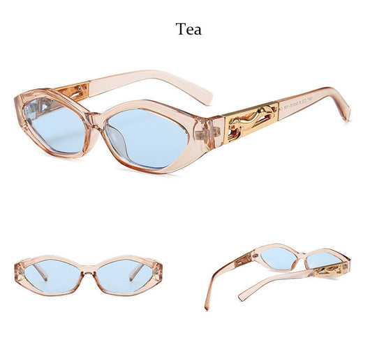 Angular cat-eye sunglasses with a tortoiseshell frame, brown gradient lenses, and gold jumping cheetah temple details. - Image 32
