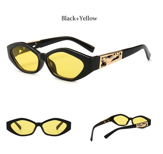 Angular cat-eye sunglasses with a tortoiseshell frame, brown gradient lenses, and gold jumping cheetah temple details. - Image 33