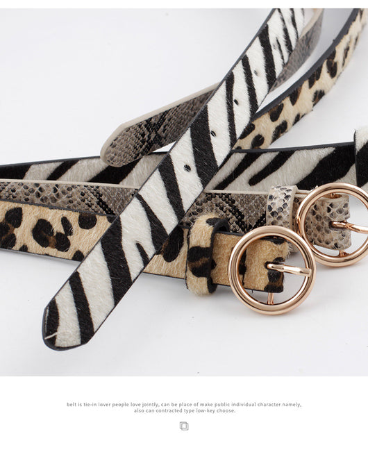 Women's zebra print fashion belt with black and white stripes and a round gold-tone buckle. - Image 16