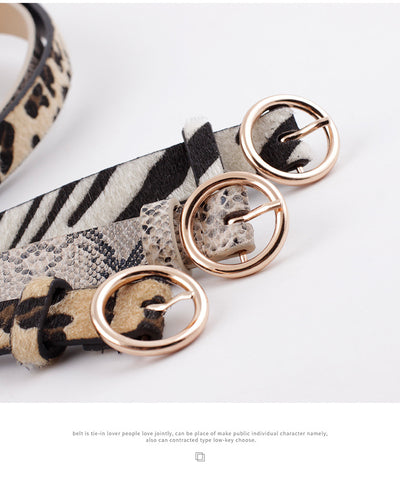 Women's zebra print fashion belt with black and white stripes and a round gold-tone buckle. - Image 17