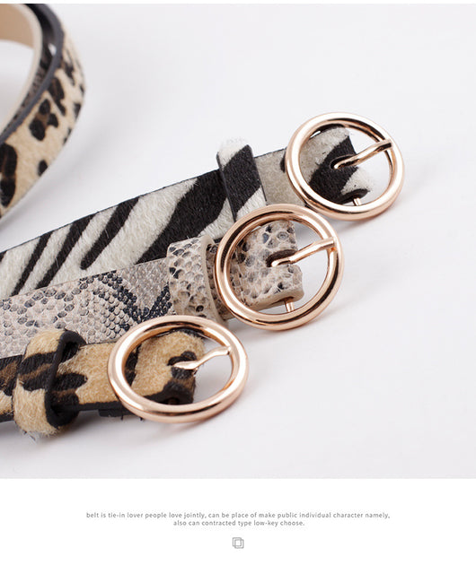 Women's zebra print fashion belt with black and white stripes and a round gold-tone buckle. - Image 17
