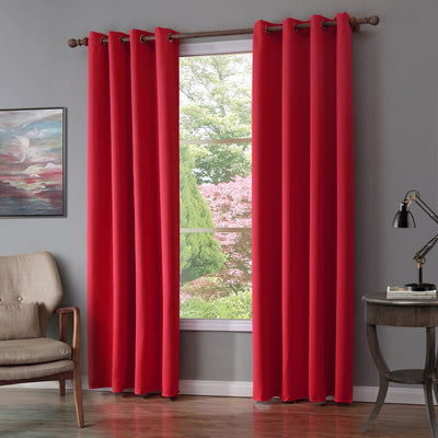 Red Oxford cloth curtain with metal grommets hanging on a decorative wooden rod against a gray wall. - Image 5