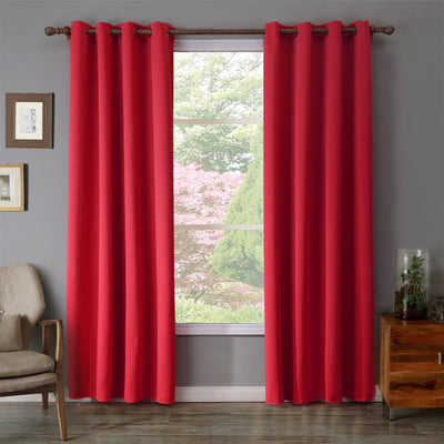 Red Oxford cloth curtain with metal grommets hanging on a decorative wooden rod against a gray wall. - Image 6