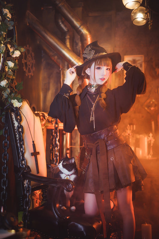 Sombrero Bruja Steampunk Negro Tejido en Lana para Halloween, Mascarada y Cosplay - Image 15