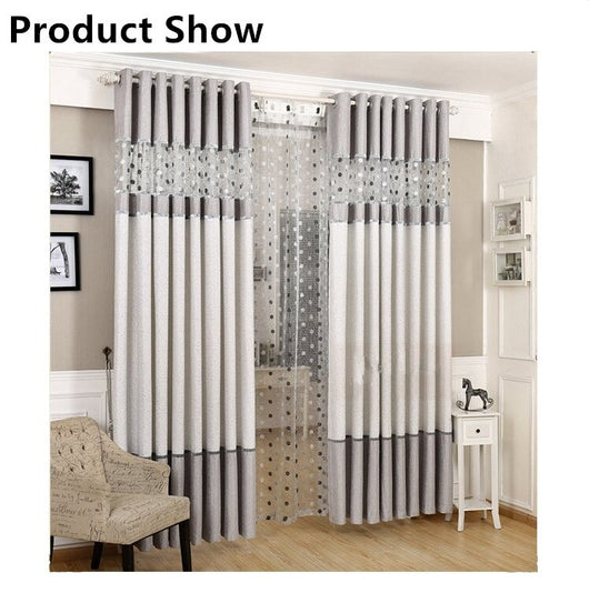 Grey and white two-tone blackout curtains with a sheer polka dot panel, hung on a white grommet rod. - Image 12