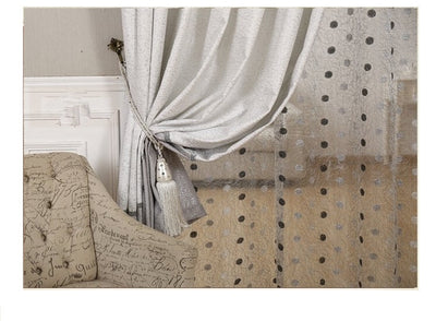 Grey and white two-tone blackout curtains with a sheer polka dot panel, hung on a white grommet rod. - Image 15