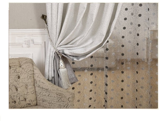 Grey and white two-tone blackout curtains with a sheer polka dot panel, hung on a white grommet rod. - Image 15
