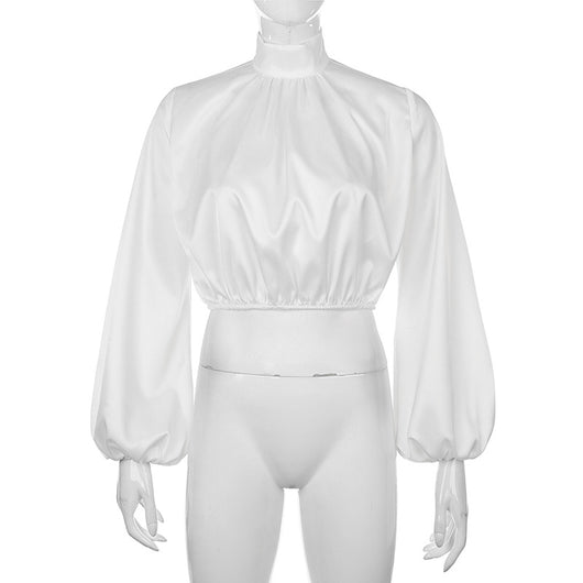 Blusa Cuello Alto con Mangas Abullonadas y Acabado Satinado - Image 19