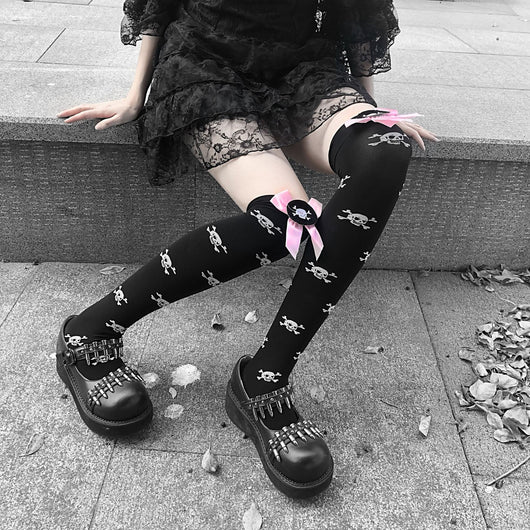 Calcetines Lolita Infantiles con Moño Harajuku Negro y Rosa Estilo Punk JK - Image 5