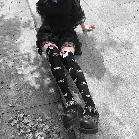 Calcetines Lolita Infantiles con Moño Harajuku Negro y Rosa Estilo Punk JK - Image 7