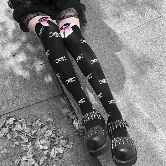 Calcetines Lolita Infantiles con Moño Harajuku Negro y Rosa Estilo Punk JK - Image 8