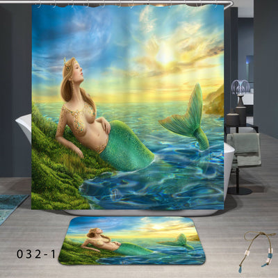 Waterproof shower curtain and bath mat set featuring a mermaid with teal hair and blue-green tail, surrounded by lily pads and pink flowers. - Image 11