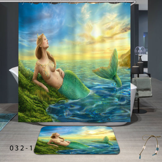 Waterproof shower curtain and bath mat set featuring a mermaid with teal hair and blue-green tail, surrounded by lily pads and pink flowers. - Image 11