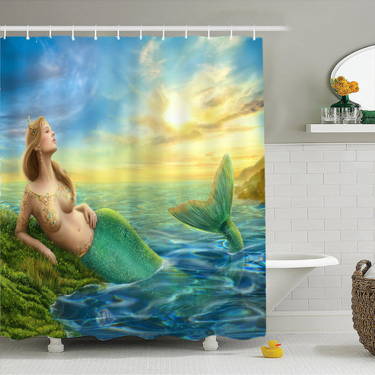 Waterproof shower curtain and bath mat set featuring a mermaid with teal hair and blue-green tail, surrounded by lily pads and pink flowers. - Image 12