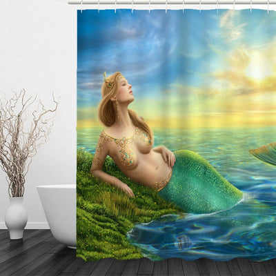 Waterproof shower curtain and bath mat set featuring a mermaid with teal hair and blue-green tail, surrounded by lily pads and pink flowers. - Image 13