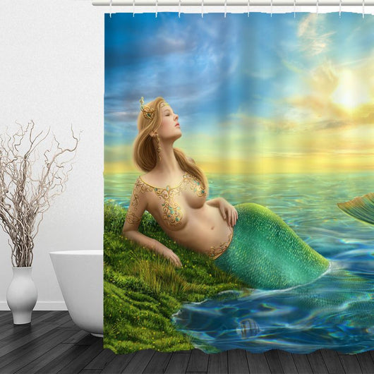 Waterproof shower curtain and bath mat set featuring a mermaid with teal hair and blue-green tail, surrounded by lily pads and pink flowers. - Image 13