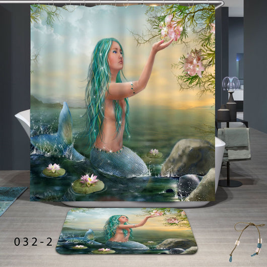 Waterproof shower curtain and bath mat set featuring a mermaid with teal hair and blue-green tail, surrounded by lily pads and pink flowers. - Image 14