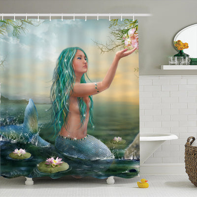 Waterproof shower curtain and bath mat set featuring a mermaid with teal hair and blue-green tail, surrounded by lily pads and pink flowers. - Image 15