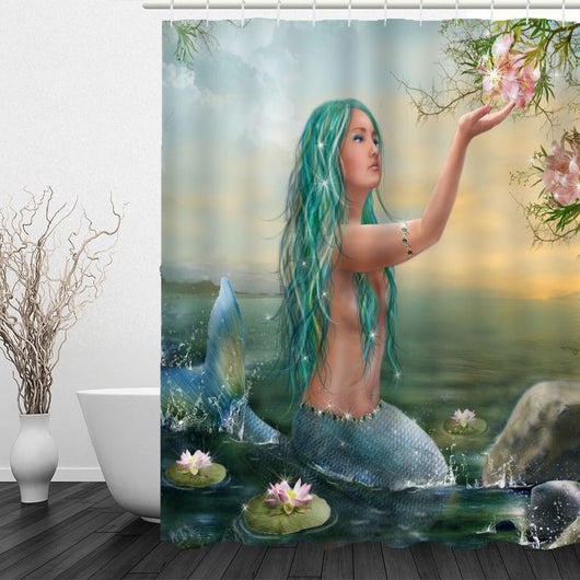 Waterproof shower curtain and bath mat set featuring a mermaid with teal hair and blue-green tail, surrounded by lily pads and pink flowers. - Image 16